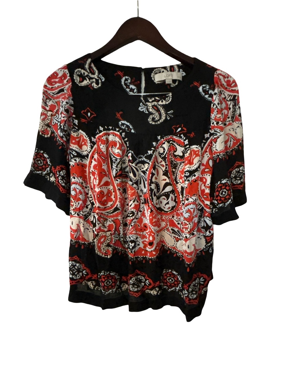 LOFT Paisley Print Short Sleeve Blouse Black Orange Medium Petite MP